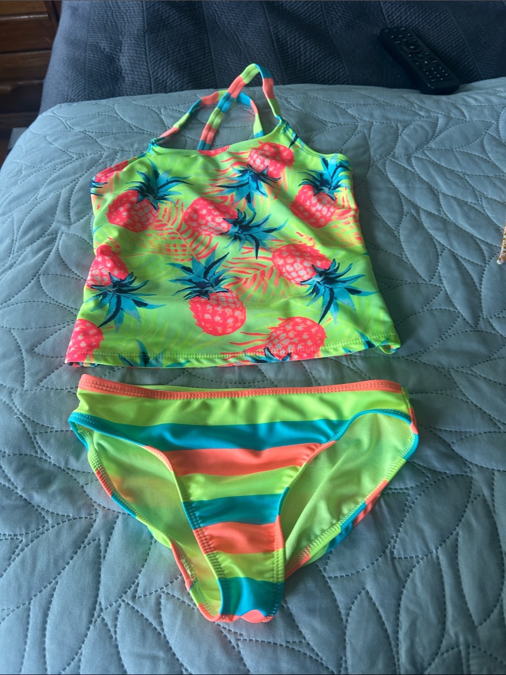 Girls Neon Pineapple Tankini  Swim Set - Lime & Coral